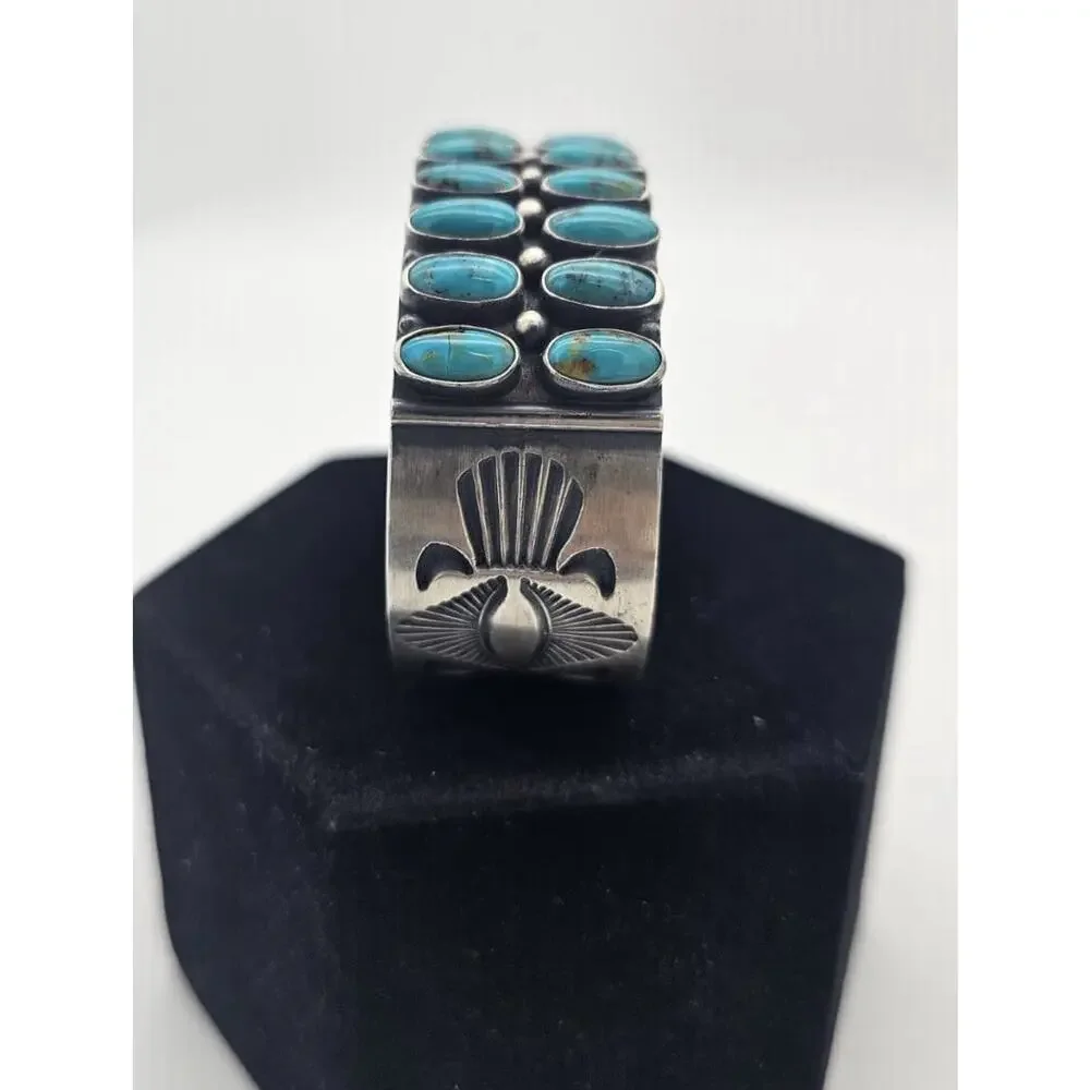 Kirk Smith Navajo Double Row Sterling Silver & Turquoise Cuff Bracelet Rare 118g